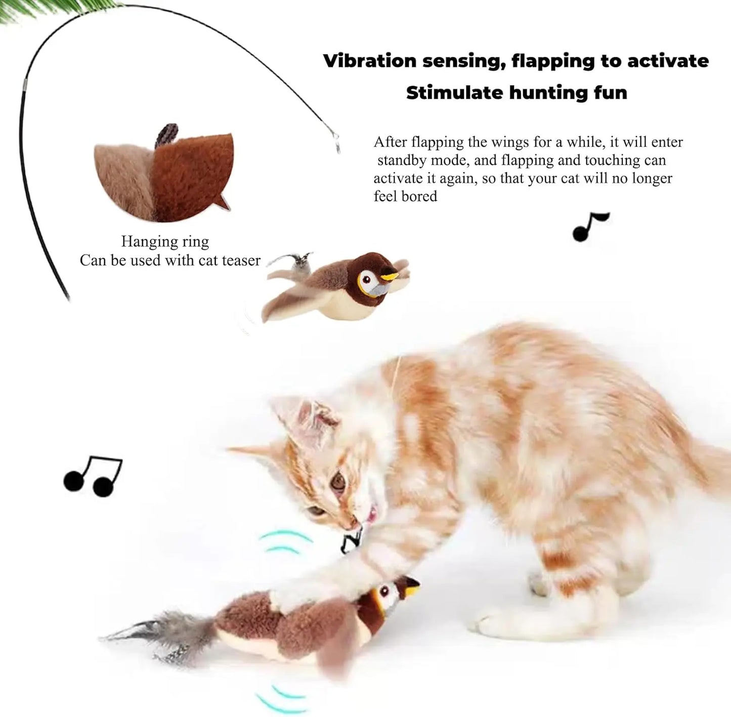 FelinoFly - Pájaro Aleteador Interactivo para Gatos | Juguete Recargable USB con Catnip